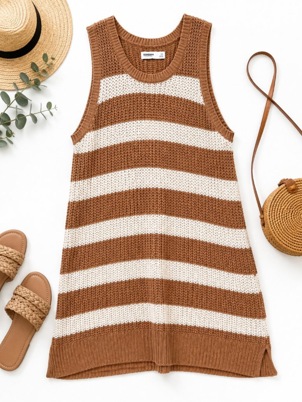 Sonoma Size 2X Brown Cream Striped Sleeveless Sweater Dress